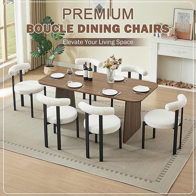 Kiztir Boucle Dining Chairs Set of 6, Modern Dining Room Chairs with Curved Backrest and Black Metal Legs, Upholstered Round Dining Accent Chairs for Kitchen, Living Room, Bedroom (Beige)