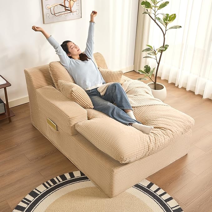 63" Oversized Boneless Chaise Lounge Chair, Extra Cloud Layer, Convertible Sleeper Sofa Couch with Removable Pillows & Side Pockets, Corduroy Upholstered Sofa Bed with Armrests for Living Room, Camel