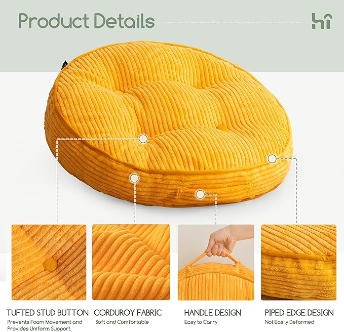 HIGOGOGO Washable Floor Pillow Cushion for Adults, Meditation Cushion Pillow, Large Round Floor Sitting, Removable Tufted Corduroy Cover, for Tatami Living Room or Yoga, 22x22 Inch, Machine Washable