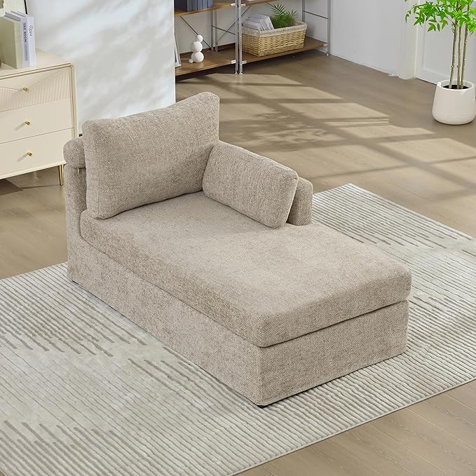 KEIKI 60" Chaise Lounge Chair Indoor, Modern Deep Seat Sofa Bed, Corduroy Couch with Cushions, Single Sleeper Chair for Living Room, Bedroom, Apartments, Taupe (Right Side)