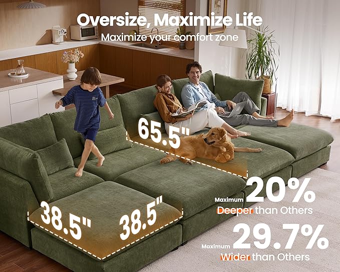 Oversized Modular Sofa, Extra Deep Cloud Chenille Sectional Couch with Ottoman Chaise, Fluffy Chenille 4 Seat L-Shaped Sofa for Living Room, Villa (L Shape 4 Seater, Chenille Green)