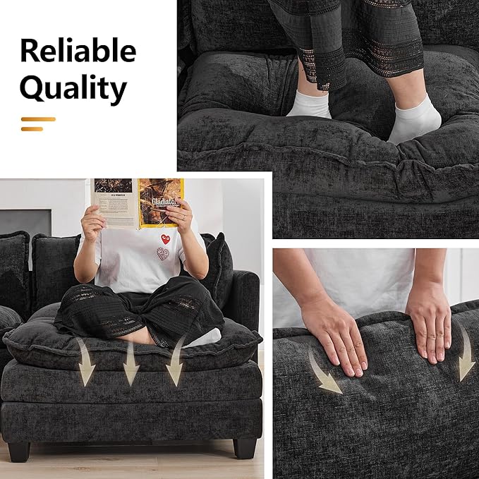 113'' V Shaped Cloud Sectional Sofa, Oversized Deep Seat Couches for Living Room, Chenille Comfy Upholstered Modular Sectional Sofa Couch with 2 Movable Ottoman, Dark Grey