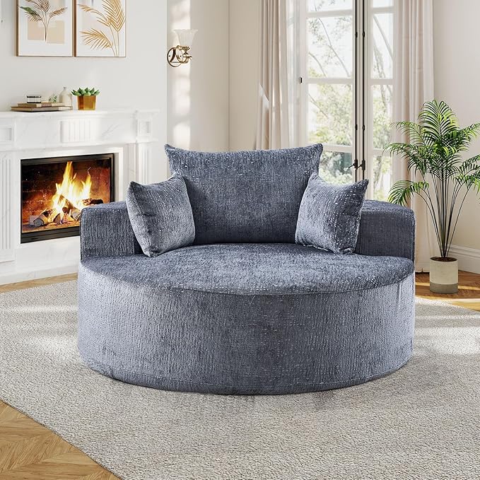 55"W Oversized Round Chair Lounge Chaise Indoor, Upholstered Comfy Circle Sofa Armchair, Modern Cozy Boneless Foam Floor Reading Chair for Living Room, Bedroom, No Assembly Required(Chenille, Grey)