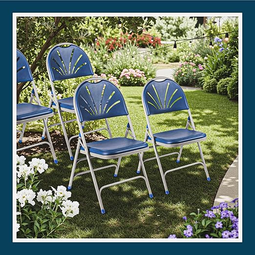 OEF Furnishings OEF1100 Series Premium Heavy-Duty Plastic Folding Chairs, Commercial Fanback Event Chairs with Triple Brace and 500 lb Capacity (4-Pack, Blue Plastic with Gray Frame)