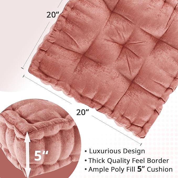 Intelligent Design Azza Floor Pillow, Large Seat Cushions for Adults, Floor Pillow for Meditation or Yoga, Lustrous Chenille Tufted, Scalloped Edges for Bench/Chair Cushion, 20"x20"x5", Dusty Peach