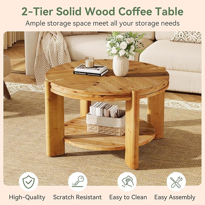 TRIBEWOOD Round Solid Wood Coffee Table, 29.5" Small Farmhouse Circle Accent Center Tables with Storage Shelf for Living Room, 2 Tiers Open-Style Storage Cocktail Tea Furniture, Rustic Brown