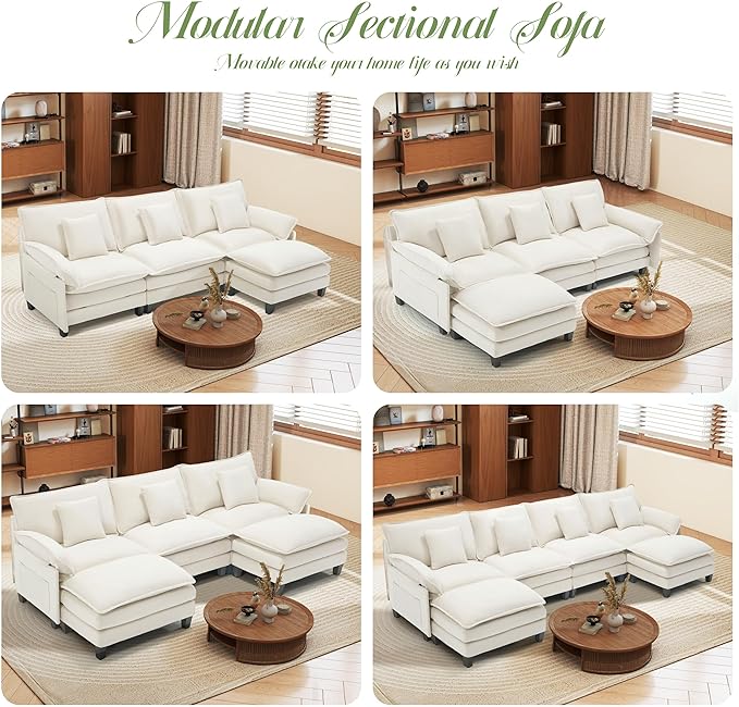 Comfy Cloud Couch with Movable Ottoman, Modular Sectional Sofa, 140" U Shaped Modern Sofa with Pillows, Deep Seat Couches for Living Room, Bedroom and Apartment, Beige