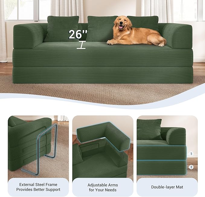 Cloud Boneless Convertible Sleeper Sofa Bed for Living Room 89" 4-in-1 Foldable Compressed Lounge 3 Seater Floor Couches High-Density Sponge & Corduroy Fabric Multi-Form Pull Out Futon Daybed(Green)