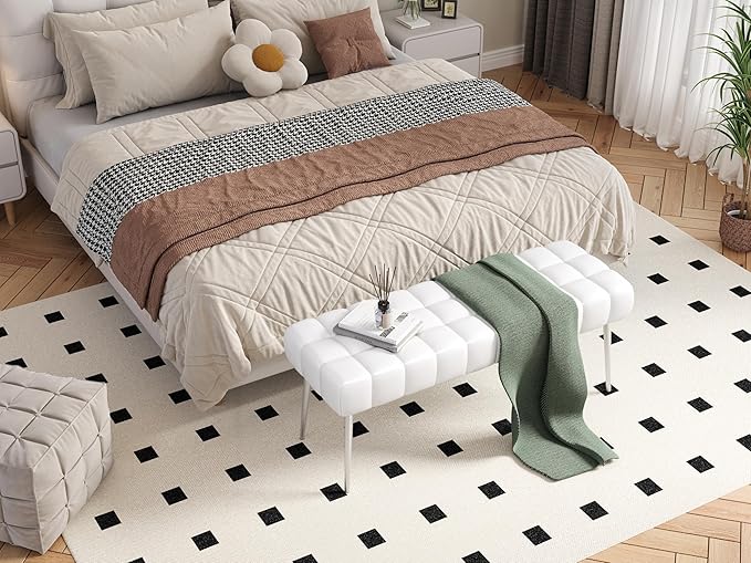 Apicizon 44.5”Ottoman Bench, Modern Faux Leather Bedroom Bench with Square Pull Point Design, Modern Cushion Ottoman Bench for Bedroom, Living Room, Entryway，White