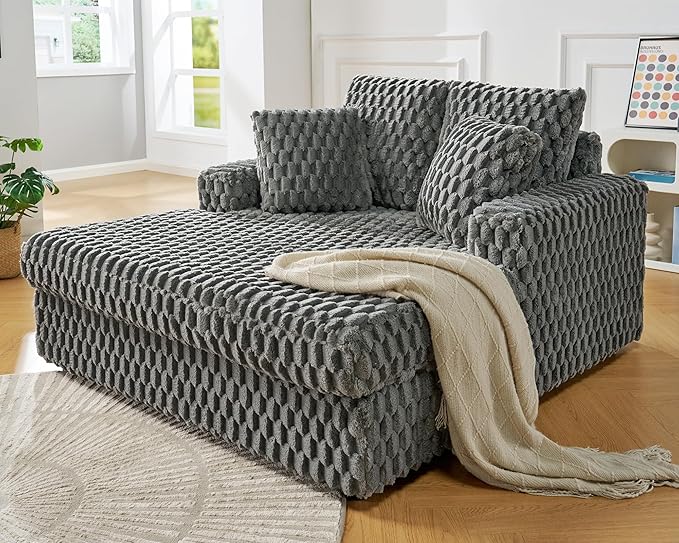 Jocisland 58 Inch Oversized Chaise Lounge, Plush Sofa Bed with Throw Pillows and Armrests, Upholstered Sleeper Chair- Comfy Chair Bed for Living Room, Ash Grey