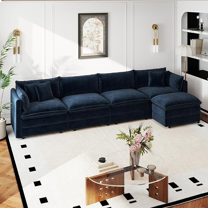 Aoowow Modular Sectional Sofa Modern Convertible L Shaped Couch,147.2 Inch Deep 4-Seater Sofas Set Comfy Chenille Cloud Sofas and Couches with Movable Ottoman for Living Room Apartment（Blue）