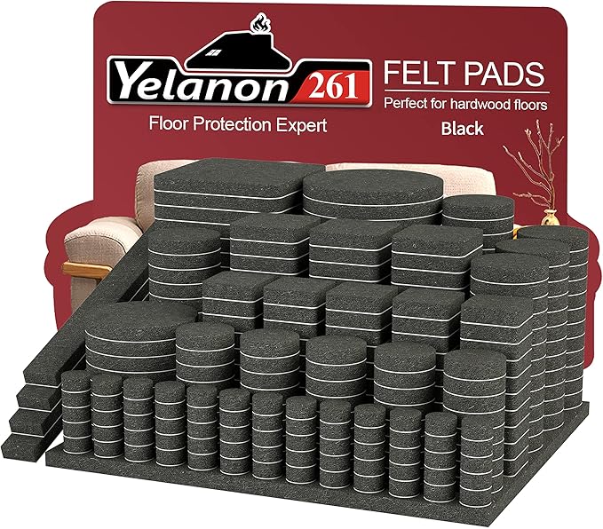 Yelanon Felt Furniture Pads for Hardwood Floors -261 Pcs Premium Floor Protectors for Furniture, Felt Pads for Chair Legs, Black