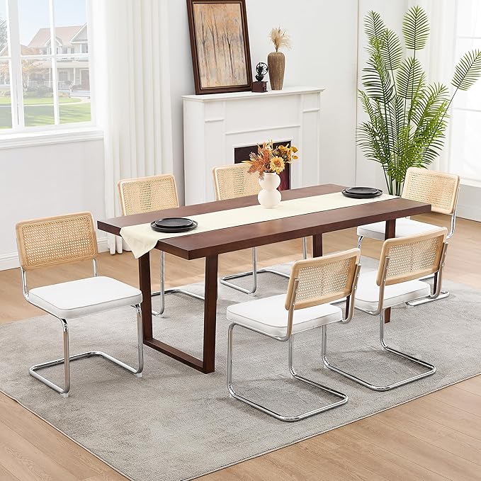 Zesthouse Natural Rattan Dining Chairs Set of 4, Modern Dining Room Chairs with Solid Wood Back for Kitchen Living Room, Mid Century Breuer Design Inspired, Upholstered Velvet Fabric, White