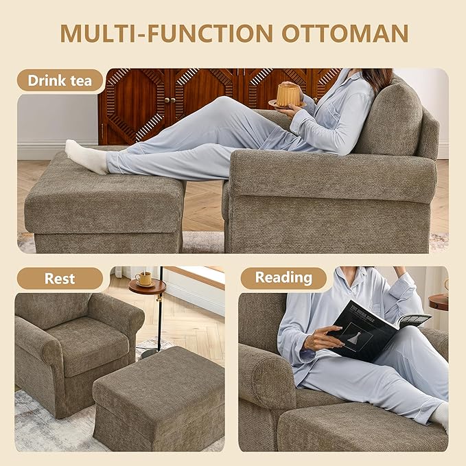 35.82" Accent Chair with Ottoman Set Upholstered Living Room Chairs for Reading Chair with Chaise Lounge Chairs Indoor, Comfortable Armchair for Bedroom (Brown, 35.82")