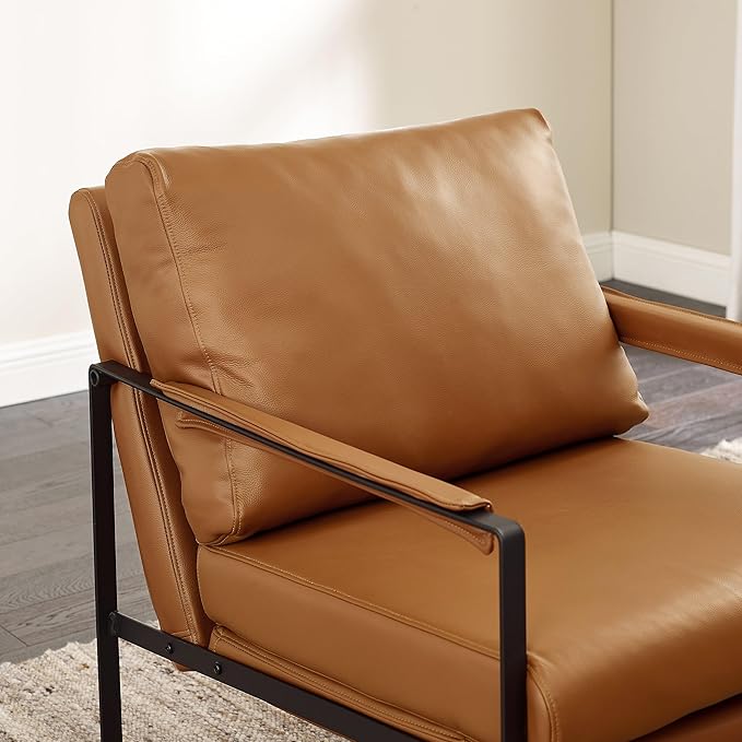 Zouron Genuine Leather Accent Chair, Mid Century Modern Chair with Black Metal Frame, Single Sofa Chair, Upholstered Lounge Reading Armchair for Living Room Bedroom, Brown