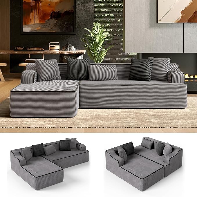 HERA'S HOUSE 105" Cloud Sectional Couch, Modular Upholstered Sofa with L-Shaped Chaise, Corduroy Boneless Couches with Wide Armrest and 5 Throw Pillows for Living Room, No Assembly Required, Grey
