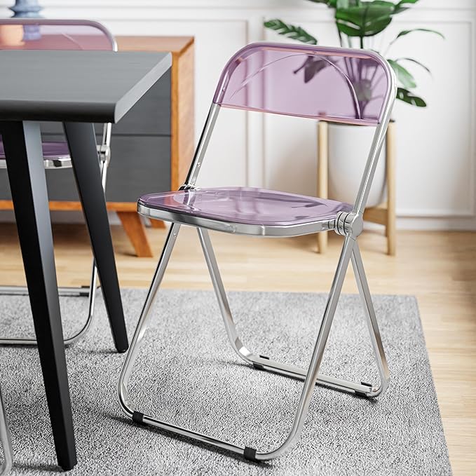 LeisureMod Lawrence Modern Clear Acrylic Folding Chair with Metal Frame, Space-Saving Transparent Seating for Dining Room, Home Office, Bedroom, Vanity or Small Spaces, (Magenta, Set of 2)
