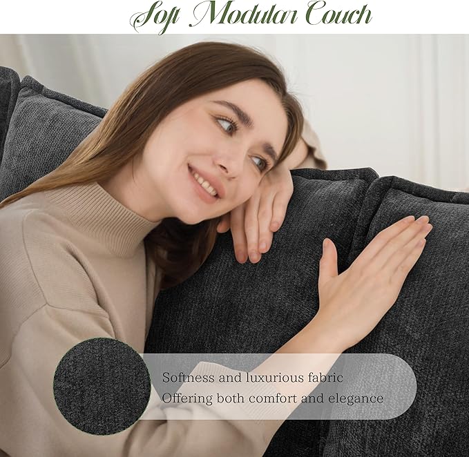 Modular Sectional Sofa, Comfy Cloud Couch with Movable Ottoman, Deep Seat Couches for Living Room, Bedroom and Apartment, 106" L Shaped Modern Sofa with Pillows, Black