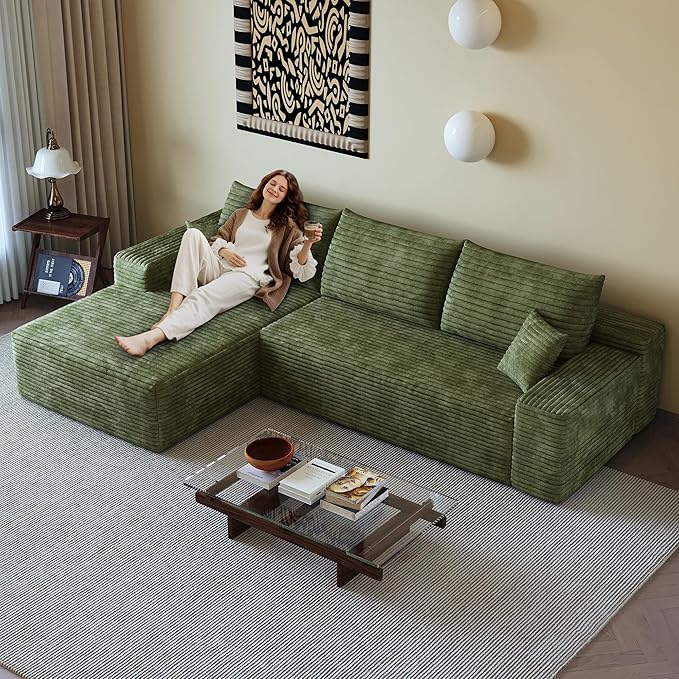 AUGOP 108" Sectional Couches for Living Room Modern Modular Sofa with L-Shape Couchs Upholstered Boneless Couch Deep Seat Sectional Couch with Chaise (Green, Left Facing Chaise+2Seaters)