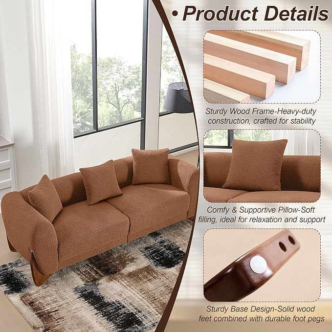 87" Sherpa Boucle Cloud Couch Modern 3 Seater Sofa with Solid Wood Legs, 25" Extra Deep Seat, Comfy Thick Cushion Upholstered Sofa Couches with 3 Pillows for Living Room, Caramel