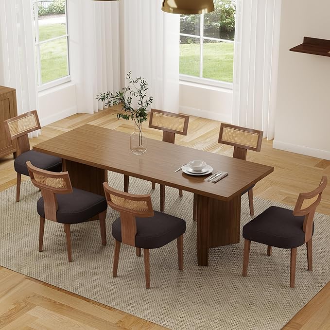 RIVOVA Rattan Dining Chairs Set of 6, Modern Fabric Upholstered Kitchen Chairs, Wooden Dining Room Chair Farmhouse Dinner Chair, Charcoal
