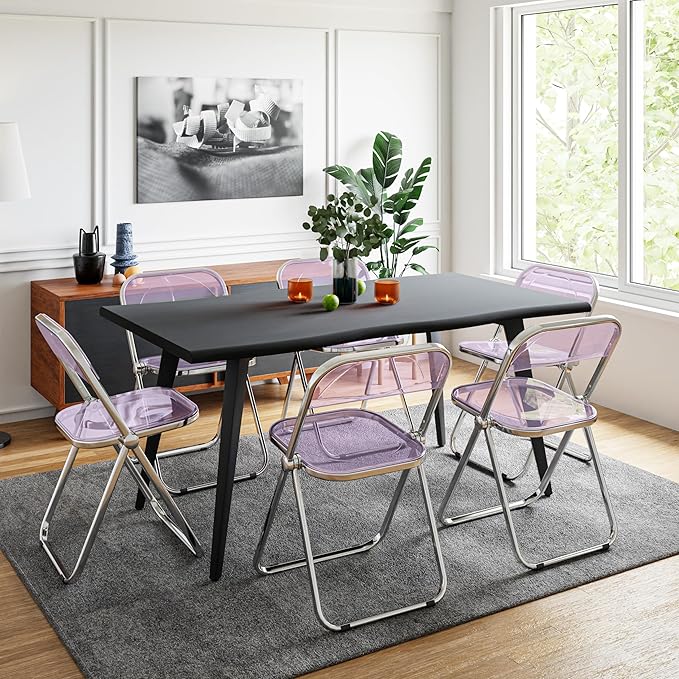 LeisureMod Lawrence Modern Clear Acrylic Folding Chair with Metal Frame, Space-Saving Transparent Seating for Dining Room, Home Office, Bedroom, Vanity or Small Spaces, (Magenta, Set of 2)