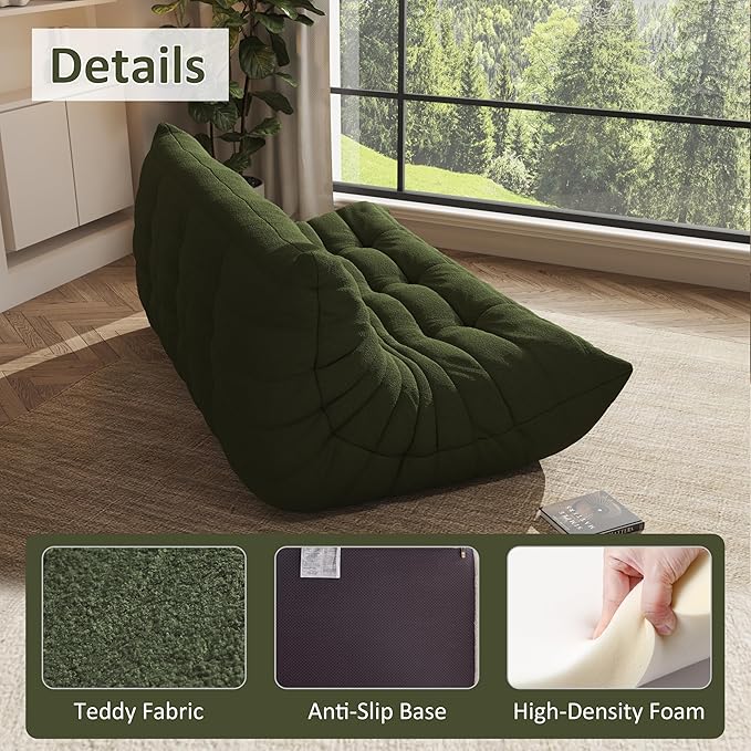 Bean Bag Chair, Oversized Bean Bag Chair for Living Room, Fireside Chair for Adults with Memory Foam Filled, Big Accent Lounge Floor Sofa for Reading, Relax, No Assembly Required. (Green 3-Seater)