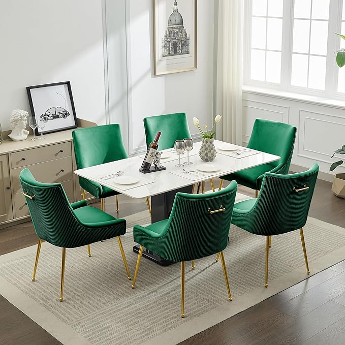 WUTUTUEE Velvet Dining Chairs Set of 6 Gold Legs,Upholstered Velvet Accent Chairs, Pleated Back Design & Gold Pull Handle, Mid Century Modern Chairs for Dining/Kitchen/Living Room,Green