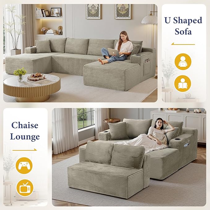 96" Sectional Couches for Living Room Cloud Couch Sofa with L-Shape Upholstered Boneless Couchs Modern Modular Sectional Couch with Chaise (Camel, 133" W+U Facing Chaise)
