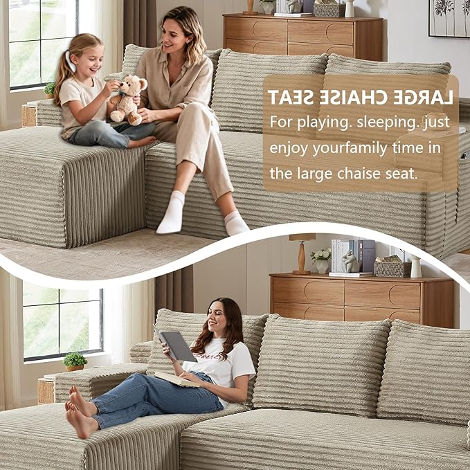 96.1" Modular Sectional Sofa Couches L-Shape Couch 3 Seat Modular Sofa Corduroy Memory Foam Sectional Boneless Couches for Living Room, Cloud Couch with Oversized Chaise(Camel, Left Facing)