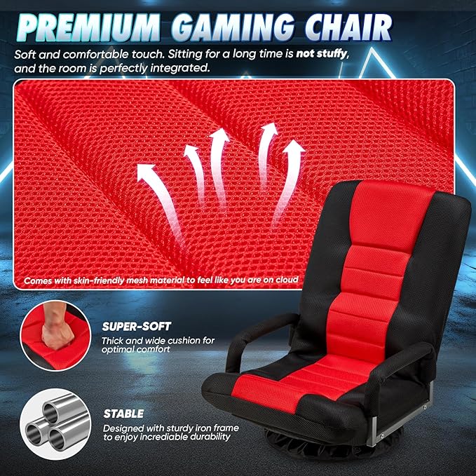Swivel Gaming Chair 360 Degree Multipurpose 2PACK Floor Chair w/Armrest & 6 Adjustable Postions Backrest for Adults & Kids, for Reading, Gaming, Watching, Relaxing, Red