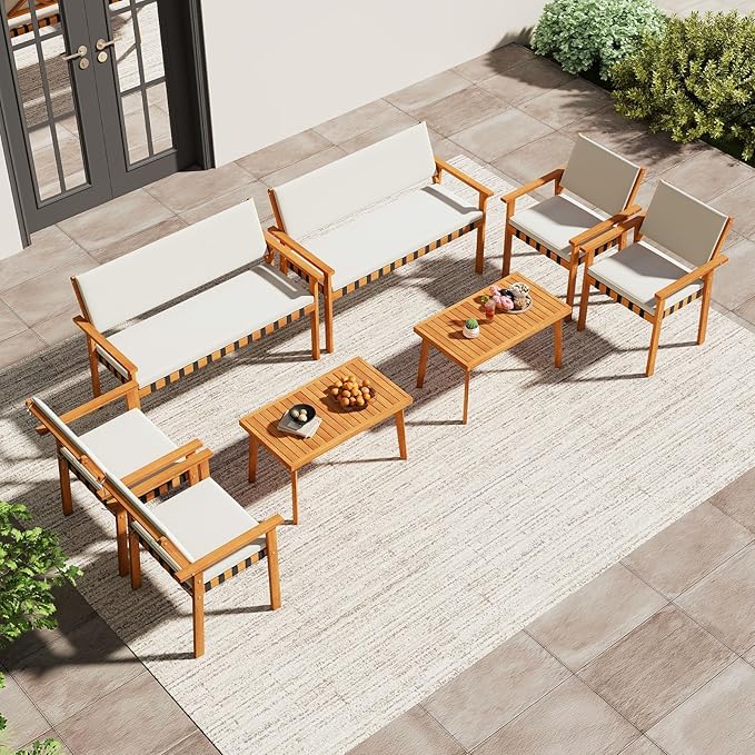 Tangkula 8 Pieces Wood Patio Furniture Set, Outdoor Acacia Wood Cuhioned Conversation Set with Coffee Table, for Backyard,Porch,Garden,Lawn