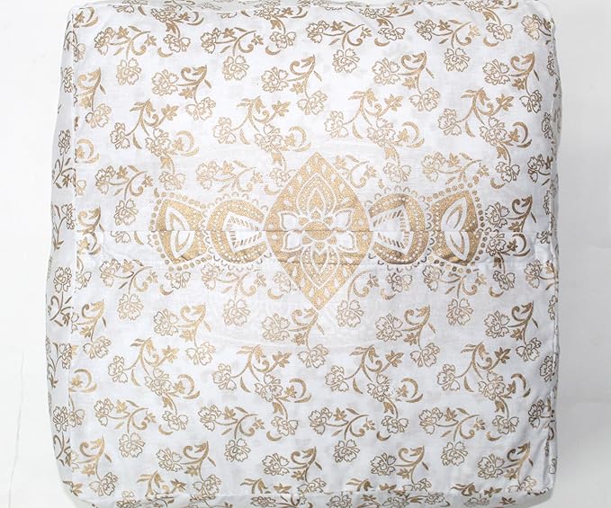 CRAFT KALA 18" Square Large Hippie Mandala Meditation Floor Ottoman Pillow Cushion Pouf Cover Square Poufs Bohemian Circle Floor Cushion Case Outdoor Fireplace Living Decor Cover White Gold Flower