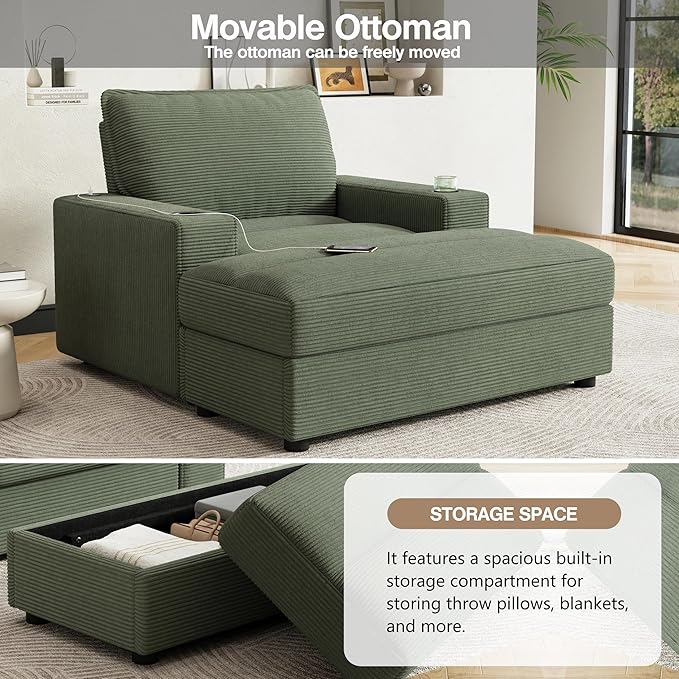 Merax 42.8" Oversized Chaise Lounge Chair with Storage Ottoman,Corduroy Sofa Bed with Cup Holders,USB Charging Port,Upholstered Sleeper Chair,Deep - Seat Reading Couch for Living Room,Bedroom,Green