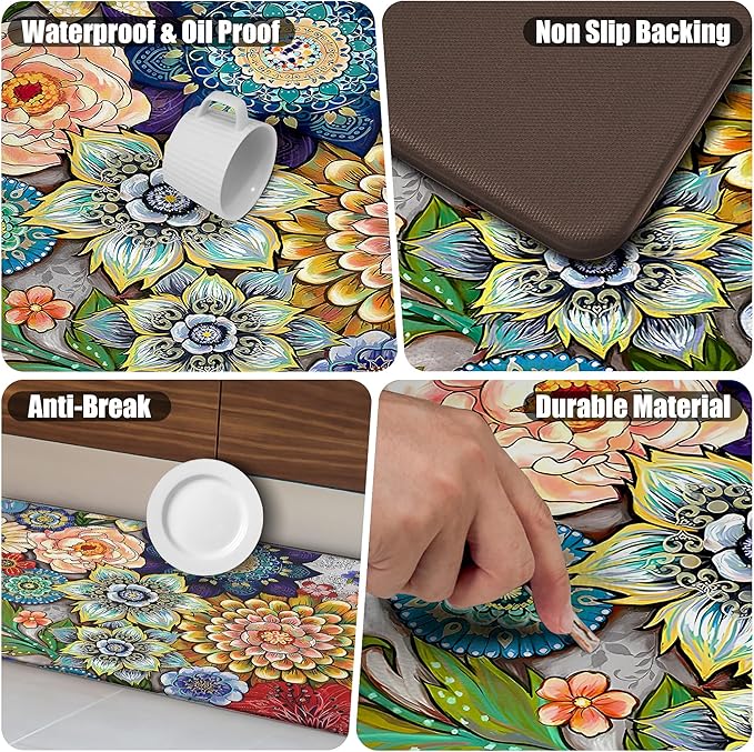 Floral Kitchen Rug Mat for Floor Boho Cushioned Anti-Fatigue Mat Non-Slip Standing Desk Waterproof Comfort Floor Mat for Sink, Office, Laundry, 17.3x39 Inch