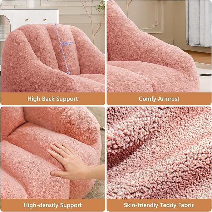 Setawix Bean Bag Chair with Filler, Comfy Teddy Bean Bag Chairs for Adults and Kids, Cozy BeanBag Sofa Fully Floor Couch with Memory Foam for Living Room Bedroom,Pink
