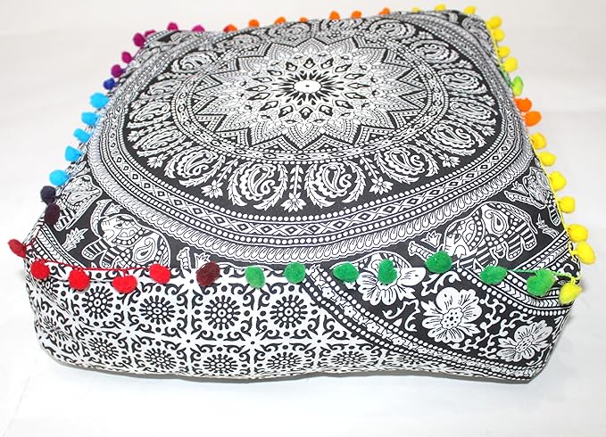 CRAFT KALA Black Elephant Flower Large Hippie Mandala Meditation Floor Ottoman Pillow Cushion Pouf Cover Square Poufs Bohemian Floor Cushion Case Outdoor Fireplace Living Room Decor Cover 18" Square
