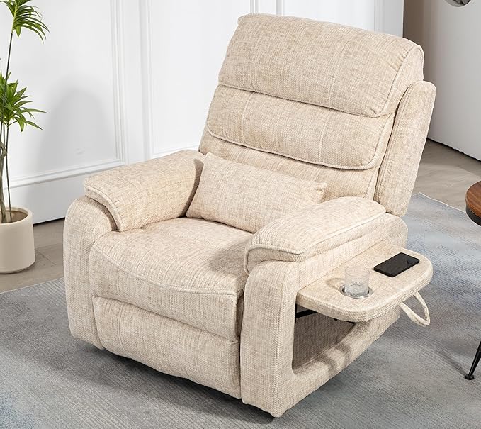 Cream Recliner Chair for Elderly | Tall and Big Man 400lbs | Velvet | Power Lift, Lay Flat, Stand Up, Wireless Charging Device, Extended Footrest, Massage Heat, Cup Holder, Lumbar Pillow