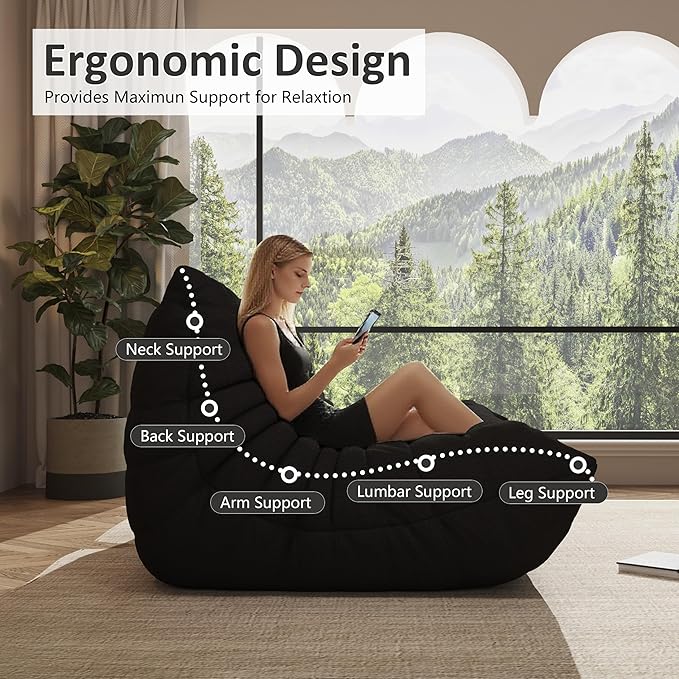 Bean Bag Chair, Oversized Bean Bag Chair for Living Room, Fireside Chair for Adults with Memory Foam Filled, Big Accent Lounge Floor Sofa for Reading, Relax, No Assembly Required. (Black 3-Seater)