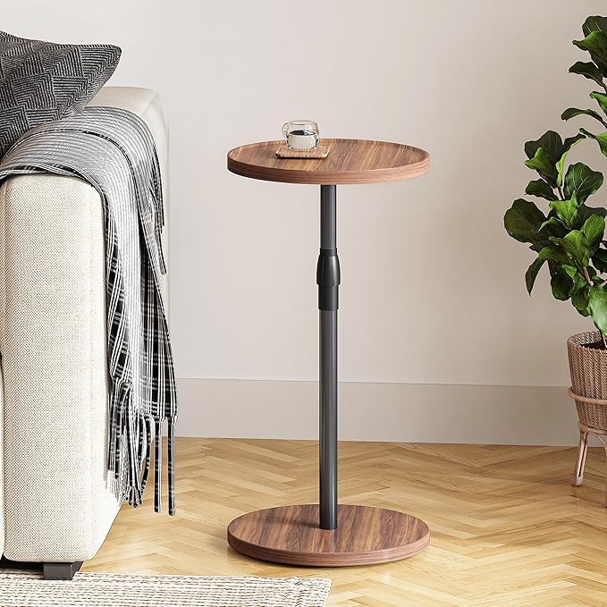 IRCPEN Adjustable End Table, Small Round Side Table, Drink Table for Small Spaces, Pedestal Nightstand for Living Room, Bedroom, Sofa Couch, Brown ET-010BR