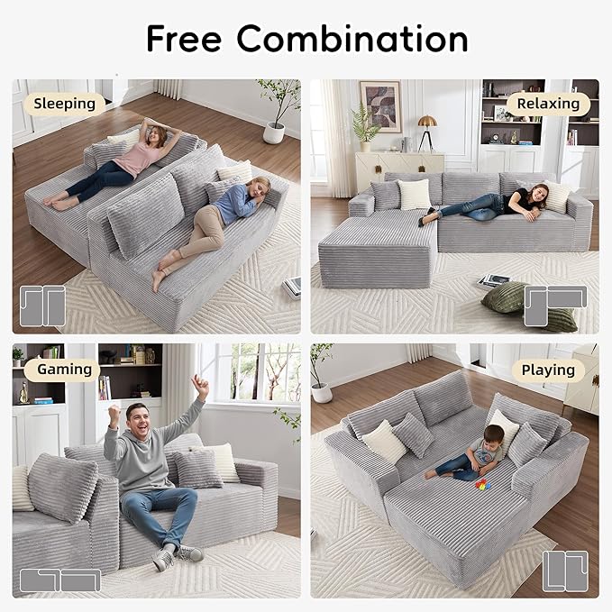 Opiesit 108" Boneless Couches for Living Room, Modular Sectional Sofa with Oversized Chaise, L-Shape Cloud Couch with Deep Seat, High-Density Memory Foam, No Assembly Required, Plush Corduroy Grey