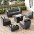 LayinSun 8 Pieces Patio Furniture Set with Fire Pit Table, Black Rattan Modular Sectional Patio Conversation Sofa Set