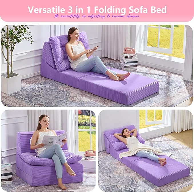 Hobestluk Sofa Couch Folding Sofa Bed Comfy Floor Lounger Convertible Sofa with Removable Cushion Couches for Small Spaces Foldable Mattress for Living Room Bedroom or Office (Cordury Purple, Large)