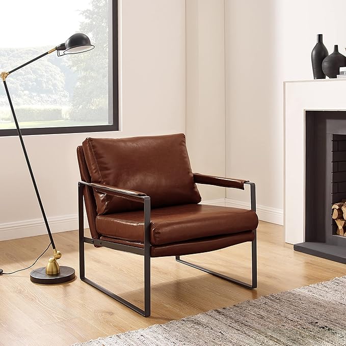 Zouron Mid Century Modern Accent Chair with Black Metal Frame, Upholstered Living Room Chairs with Pillow, Reading Armchair for Bedroom, Office, 1 Pcs, Red Brown
