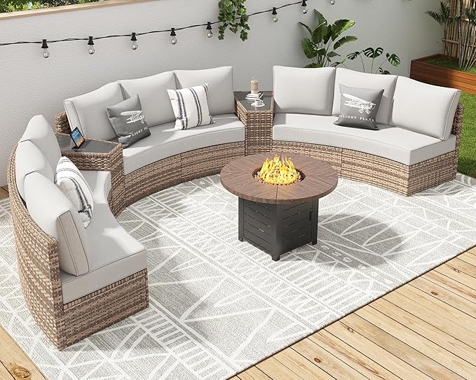 Patio Furniture Sets, 11 Piece Half-Moon Sectional Round Sofa Set, Outdoor Patio Furniture with Cushions & Wedge Table for Beach, Pool, Balcony, Beige