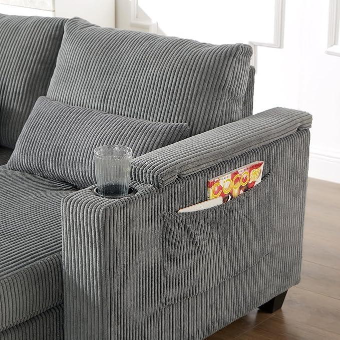 Merax Modern Upholstered Indoor Chaise Lounge with Pillows, Charge Station & Cup Holders, Single Sofa Couch with Armrest and Soild Legs, Easy Assemble Gray