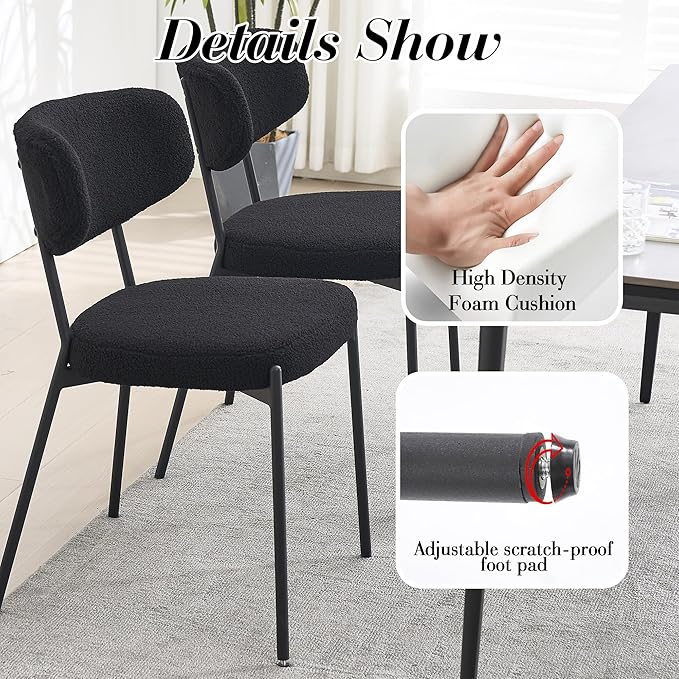 KCC Boucle Dining Chairs Set of 6, Modern Mid-Century Upholstered Stylish Kitchen Chairs Sherpa Accent Diner Chairs with Metal Legs and Curved Back for Kitchen, Dining Room(Black)