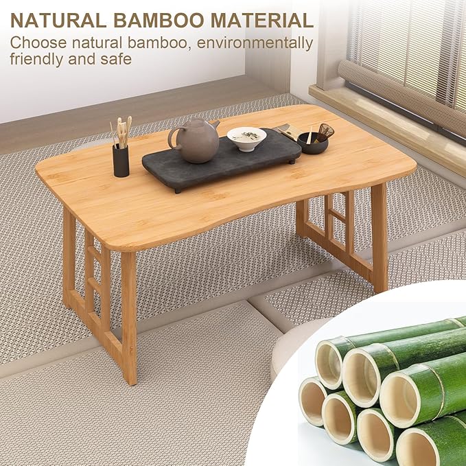 Japanese Bamboo Folding Floor Table for Sitting on Floor, Tatami Table Foldable, No Assembly, Low Tables for Small Spaces Living Room/Portable Zen Chabudai for Meditation - Light Brown