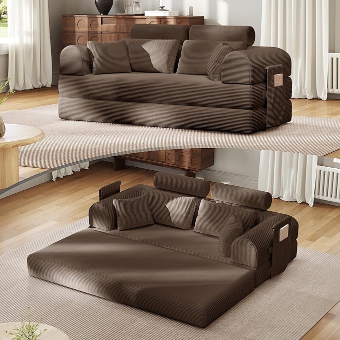 ZQRhome 2026 Upgrade Convertible Sofa Bed, 79 Inch Boneless Couch with Fixed-Shape Frame, Corduroy Fabric with High Backrest, Floor Sofa Modular Futon Couch for Living Room Bedroom Lounge (Brown)