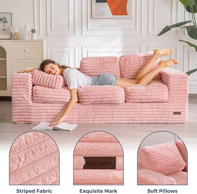 MAXYOYO 3-Seater Boneless Sofa Couch in a Box, Modern Faux Fur Sofa for Living Room, Soft High-Density Foam Couch with Pillows, Fluffy & Supportive Chair Lounge, No Assembly Required, Pink